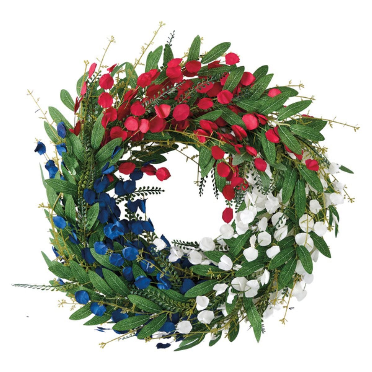 A wreath made of green leaves and small flowers in red, white, and blue clusters, arranged in a circular pattern resembling the American flag colors.