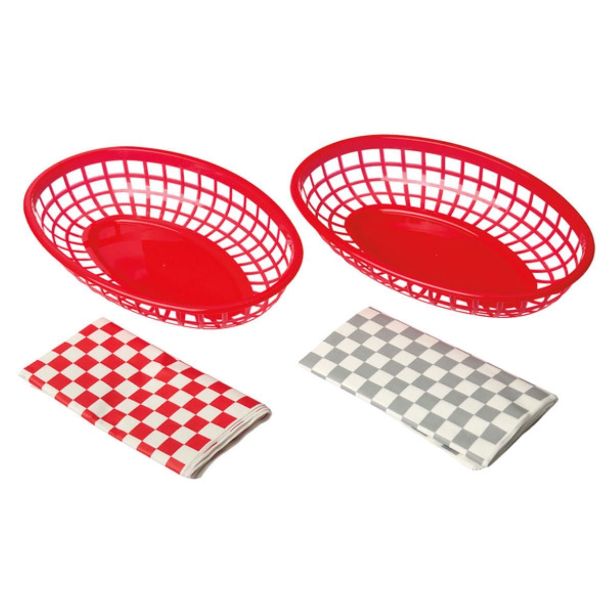 Two red plastic food baskets are shown alongside two folded checkered napkins, one red and white and one gray and white, on a white background.