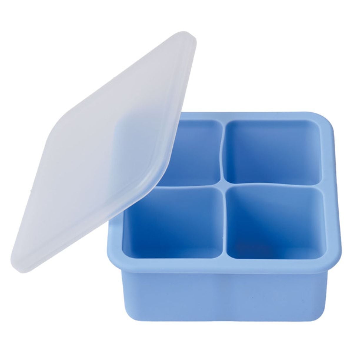 A blue silicone ice cube tray with four large square compartments and a translucent white lid, shown partially open.