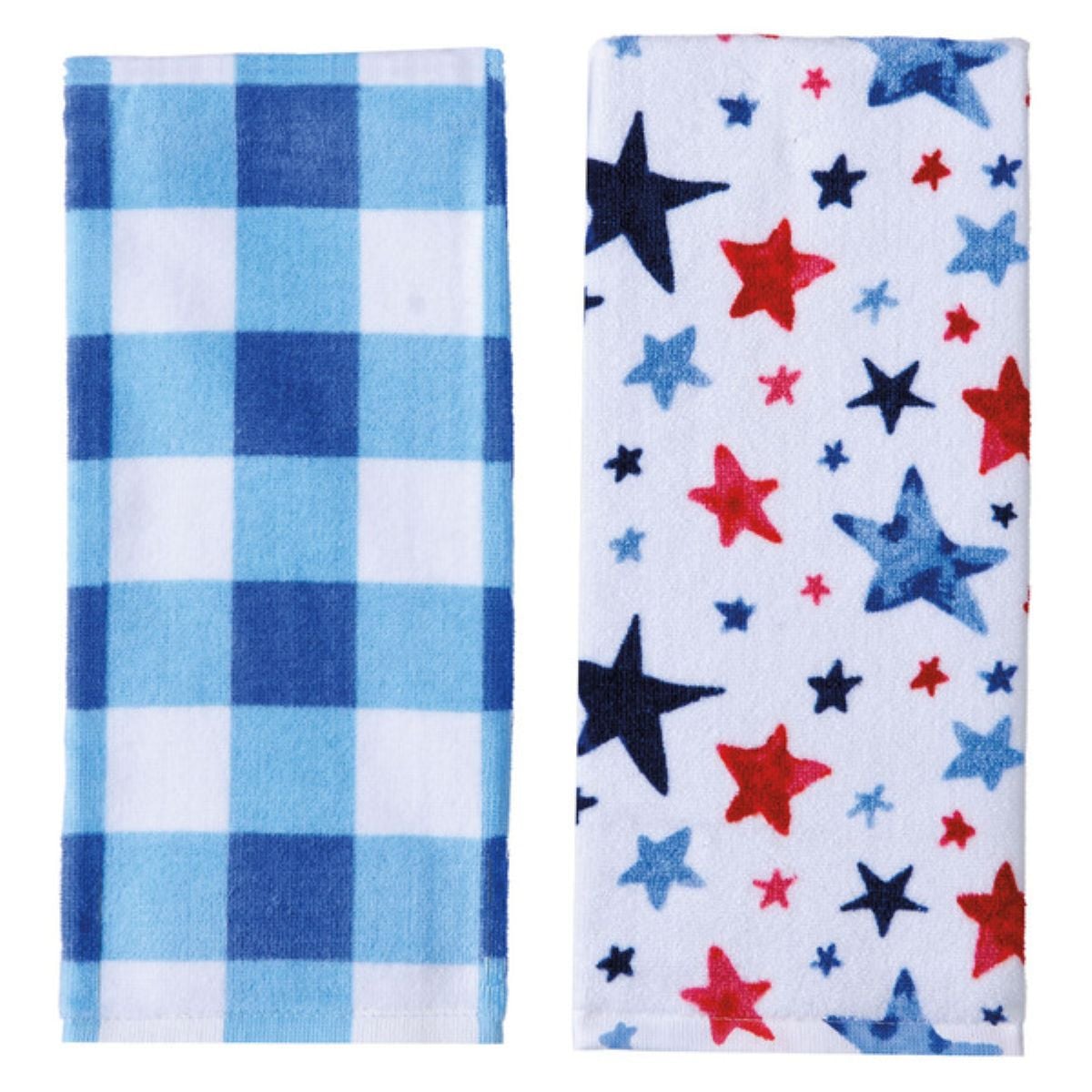 Two rectangular towels are shown. The left towel has a blue and white checkered pattern, while the right towel has a white background with red and blue stars of various sizes.