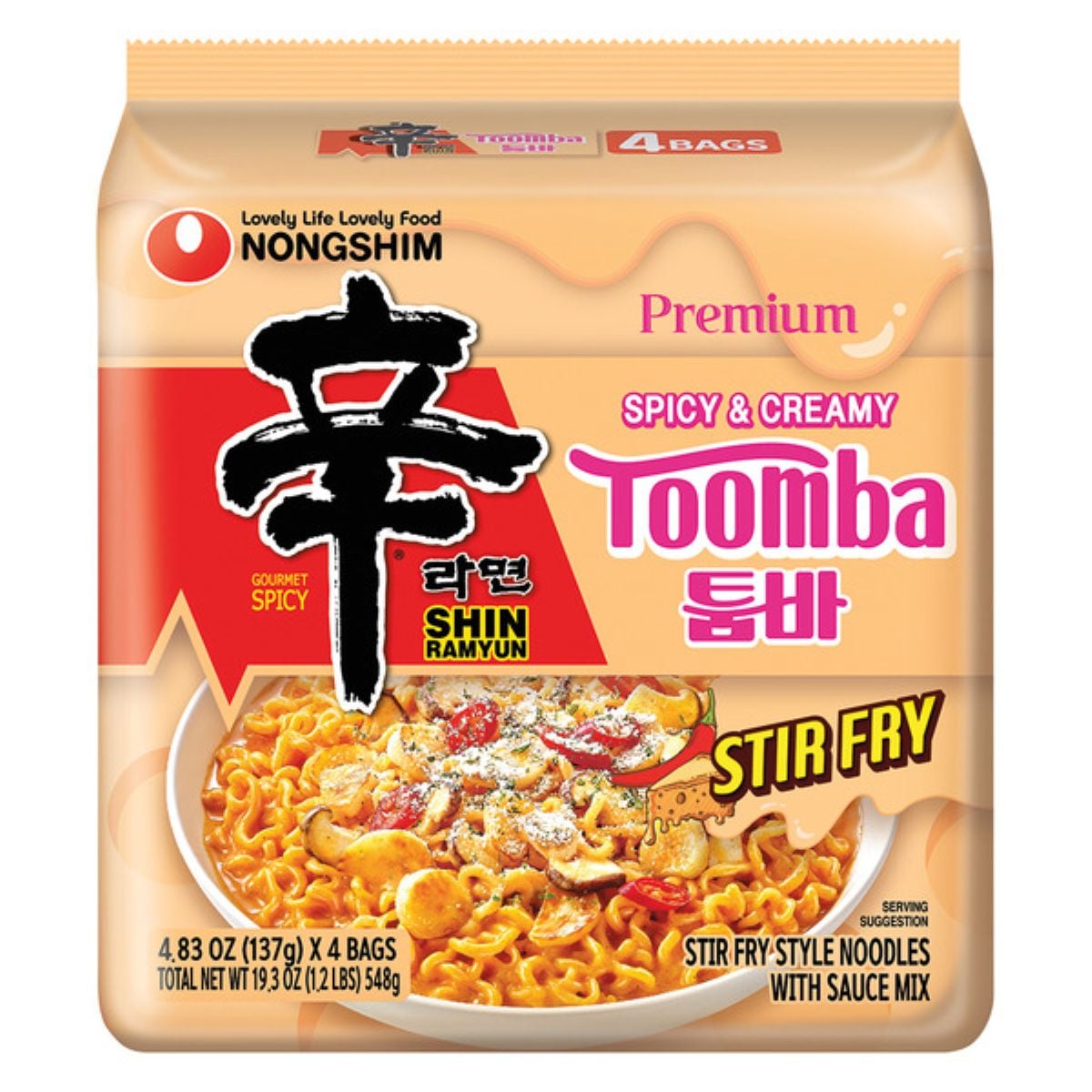 A package of Nongshim Shin Ramyun Toomba Stir Fry noodles, labeled "Spicy & Creamy" and "Premium," with an image of cooked noodles in sauce. The package contains 4 bags, each 4.83 oz (137g).