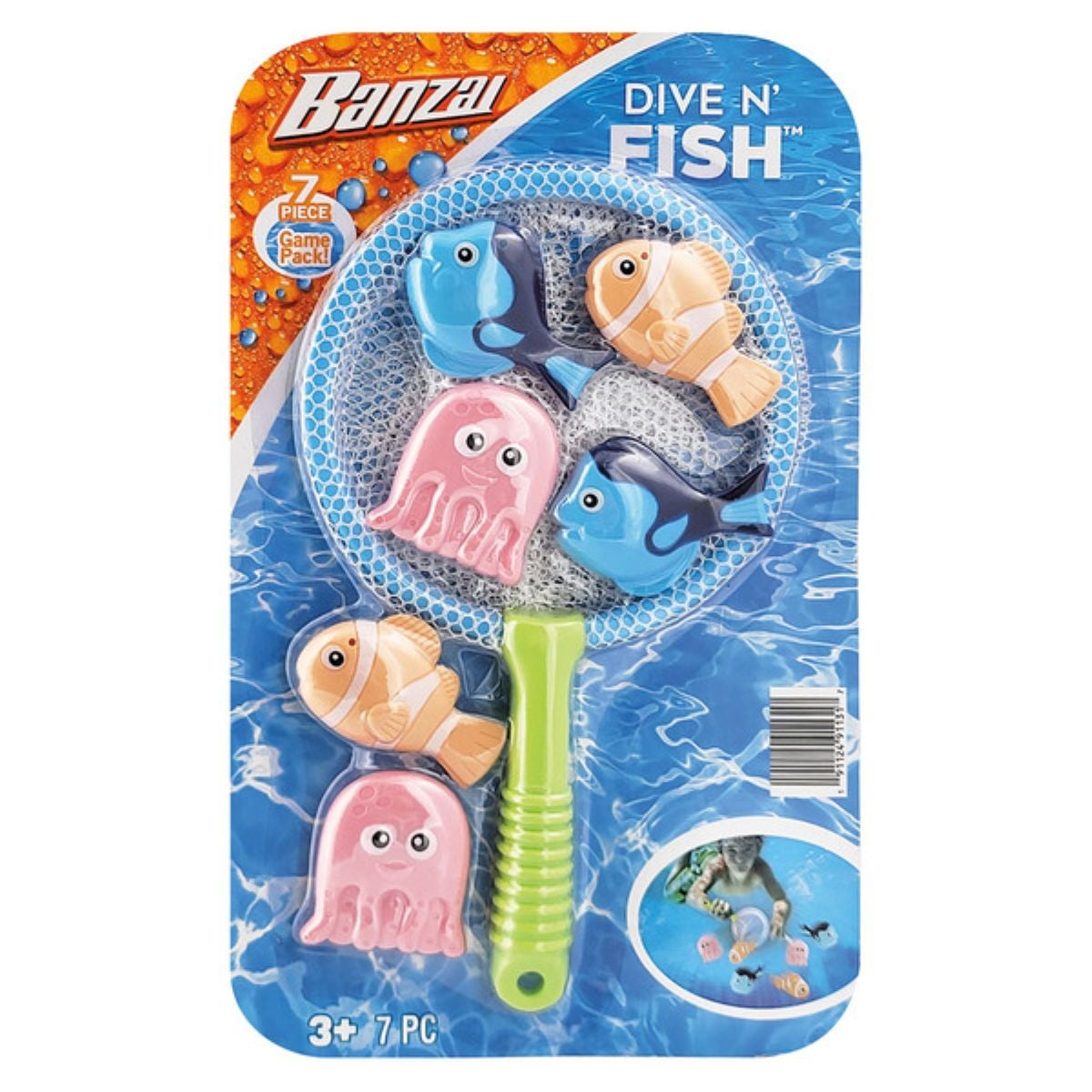 A Banzai Dive N’ Fish toy set with a green-handled net and six colorful sea animal toys shaped like fish and jellyfish, displayed on blue packaging resembling water. For ages 3+, 7 pieces in total.