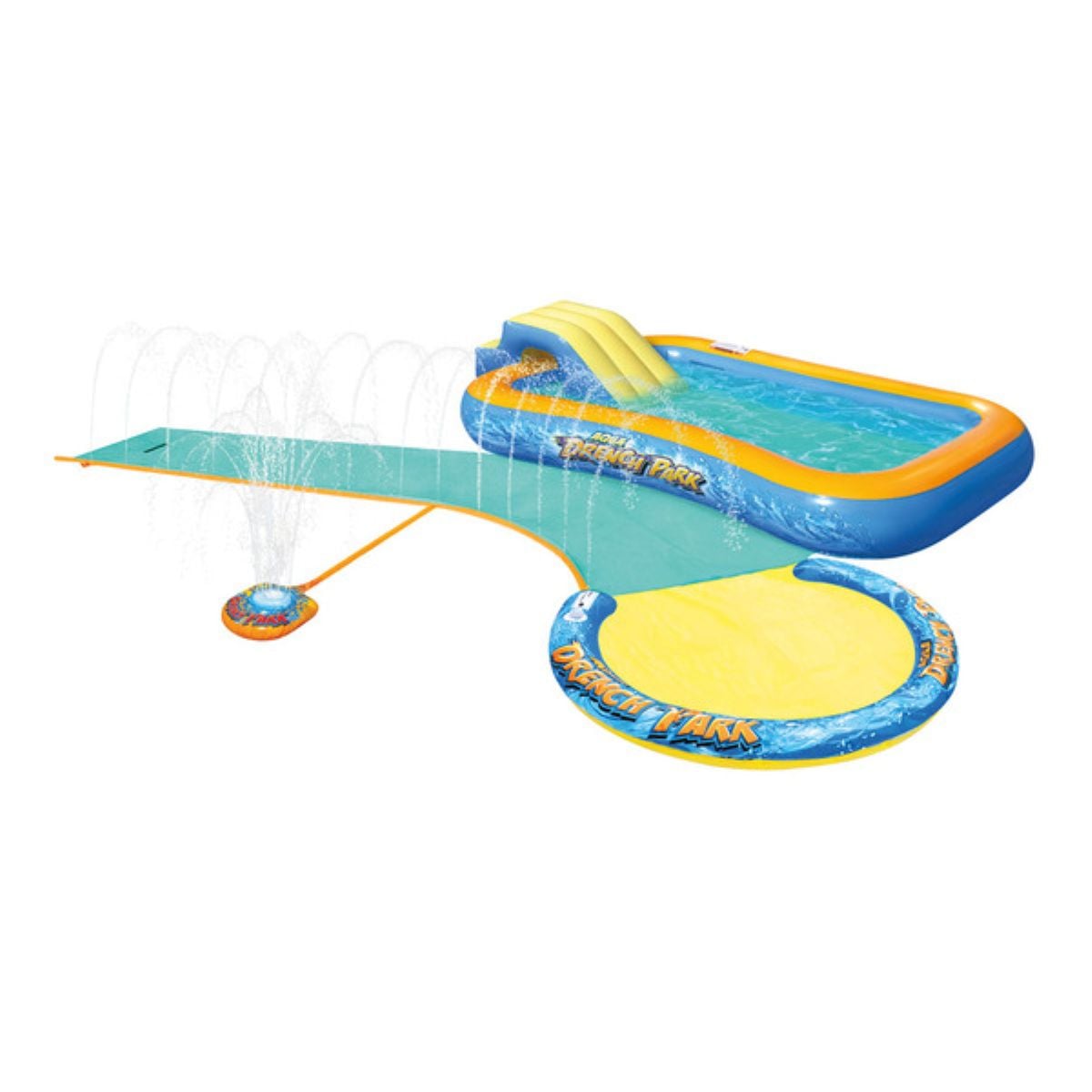 Inflatable backyard water play set with a small pool, yellow slide, splash pad, and a green water-spraying runway. The set is blue, yellow, and orange with "OCEAN PARK" printed on two areas.