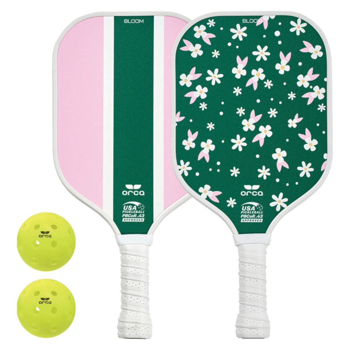 Two pickleball paddles, one with pink and green stripes and the other with a green background and white flower pattern, are shown alongside two yellow pickleballs.