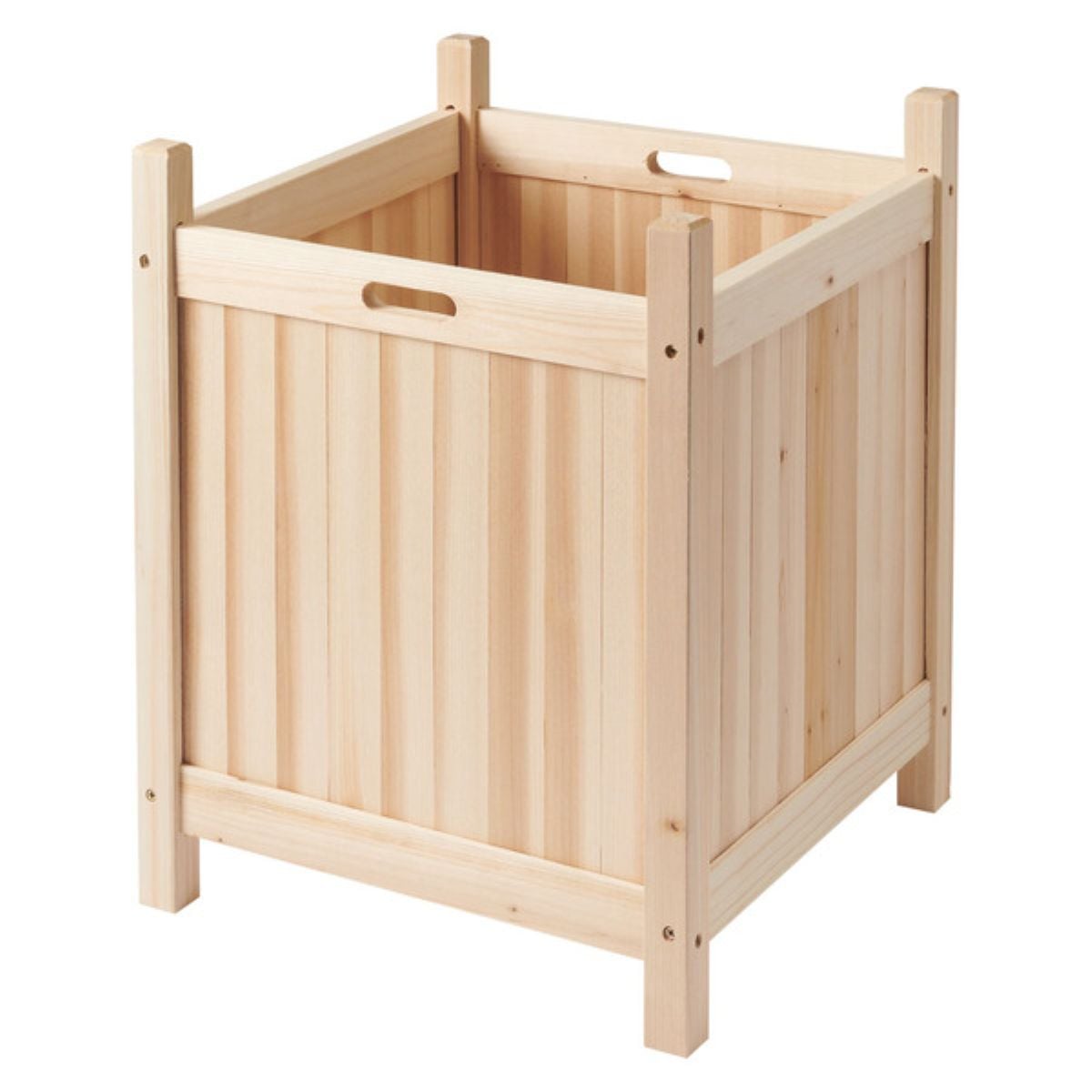 A square, light wood storage box with vertical slats, four corner posts, and cut-out handles on two sides.