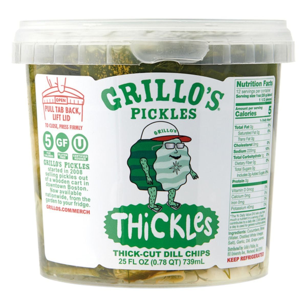 A plastic container of Grillo's Pickles Thickles, featuring a cartoon pickle character on the label. The container holds thick-cut dill chips and displays product information and nutrition facts.