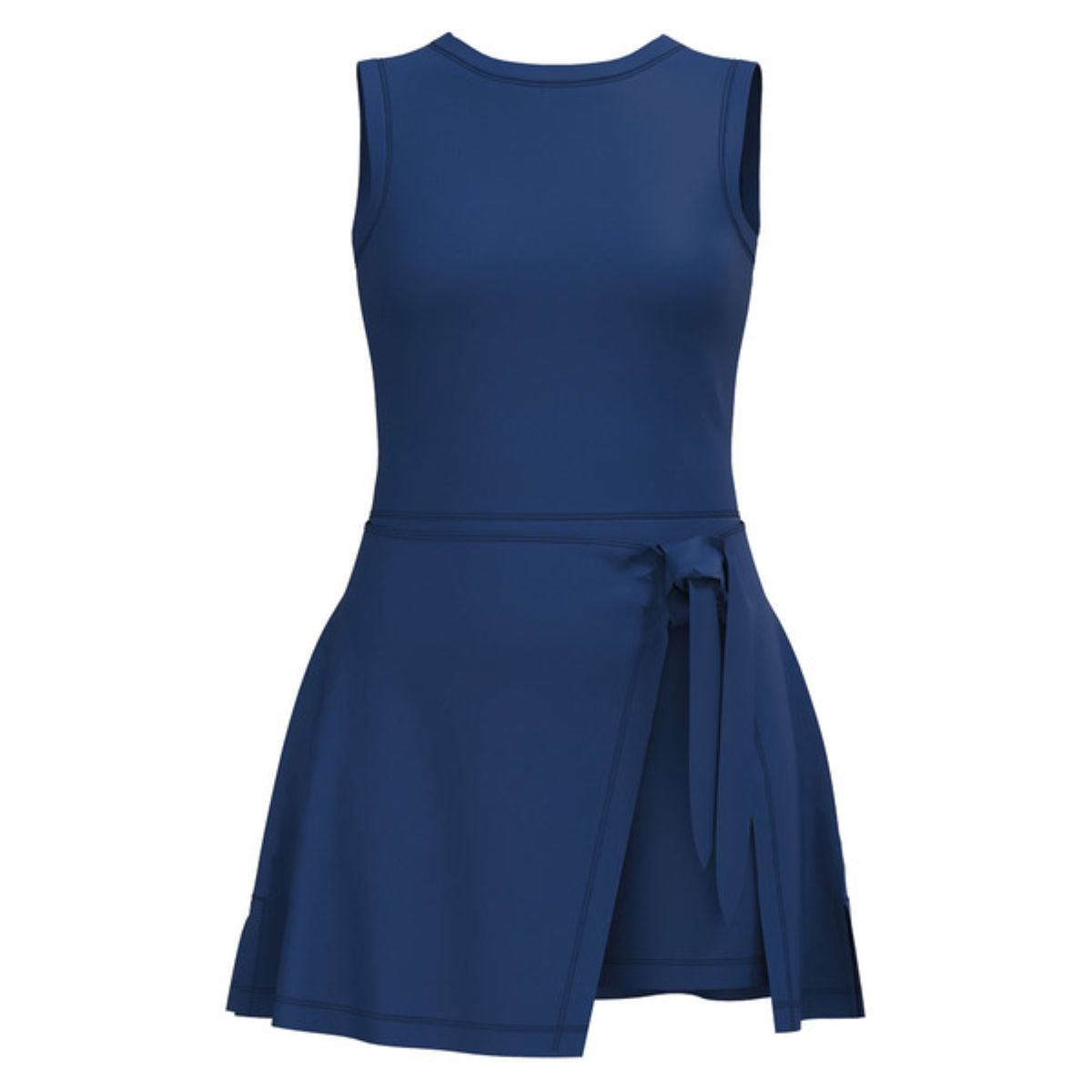 Sleeveless navy blue dress with a round neckline, fitted bodice, and an A-line skirt featuring a wrap-around tie belt on one side.