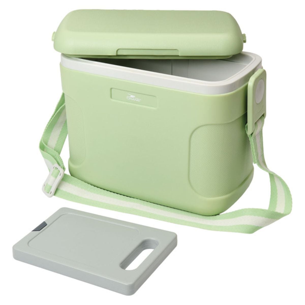 A light green portable cooler with a white interior, an open hinged lid, an adjustable shoulder strap, and a detached matching cutting board placed in front.