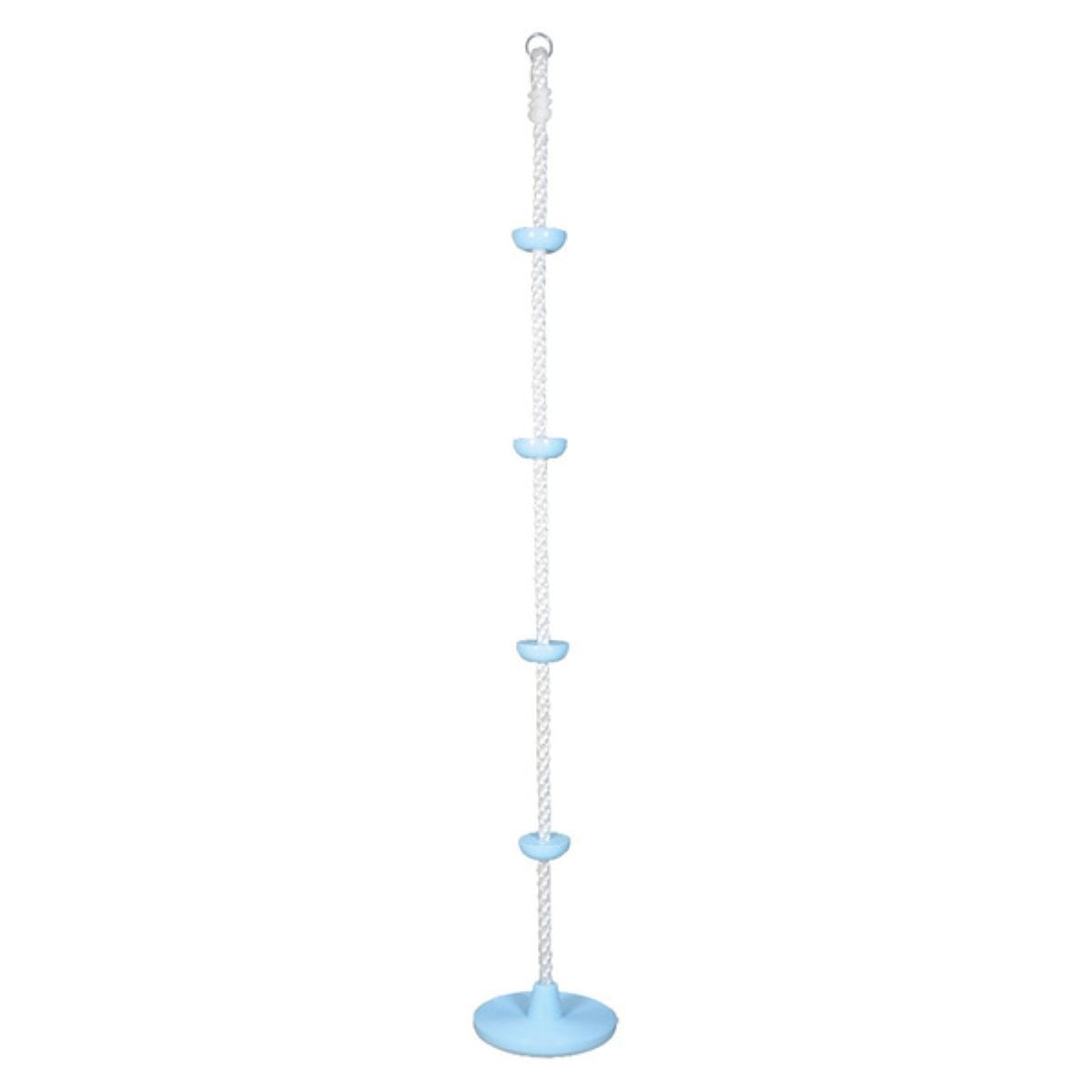 A white rope with four evenly spaced light blue climbing discs and a larger blue disc at the bottom, designed as a climbing rope for children, hanging vertically against a white background.