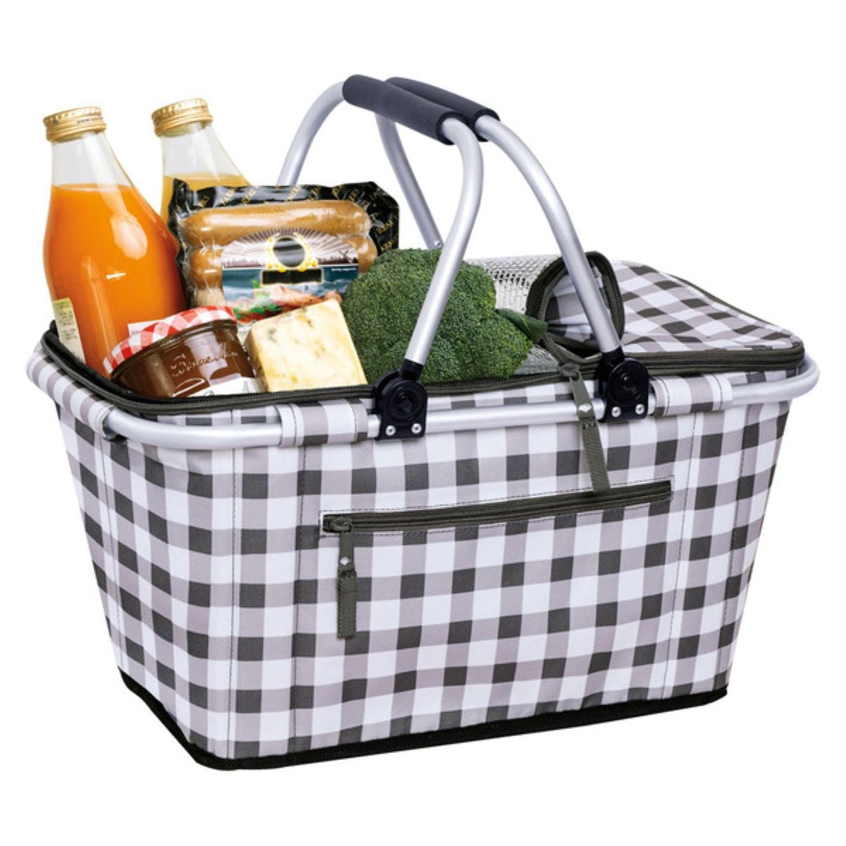 A gray and white checkered picnic basket with two handles, filled with bottles of juice, bread, cheese, broccoli, and a jar of jam.