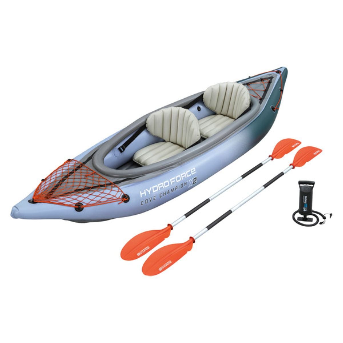 An inflatable two-person gray kayak with orange accents, two orange and black paddles, a hand pump, and netting on the front for storage. The kayak has two gray seats and "HYDRO-FORCE COVE CHAMPION X2" printed on the side.
