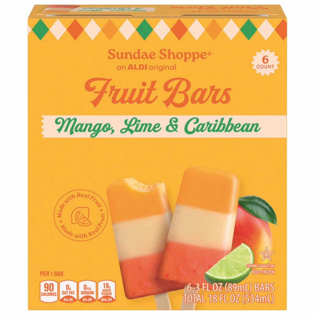A box of Sundae Shoppe Fruit Bars in Mango, Lime & Caribbean flavor. The box shows colorful fruit bars with mango, lime, and fruit images, and highlights that it contains 6 bars with 90 calories each.