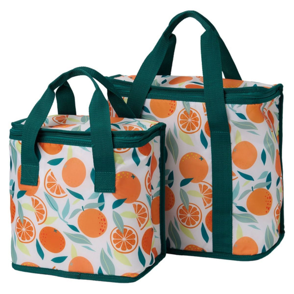 Two insulated lunch bags with green handles and trim, decorated with a colorful orange fruit pattern, including whole oranges and orange slices with green leaves on a white background.