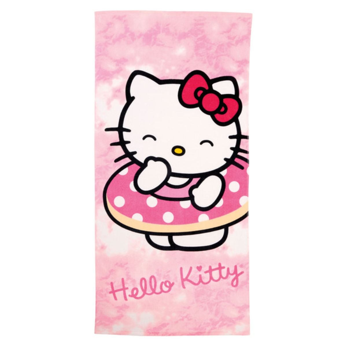 A pink towel featuring Hello Kitty holding a pink polka-dotted swim ring, with "Hello Kitty" written in pink at the bottom. The background is a light pink marble pattern.