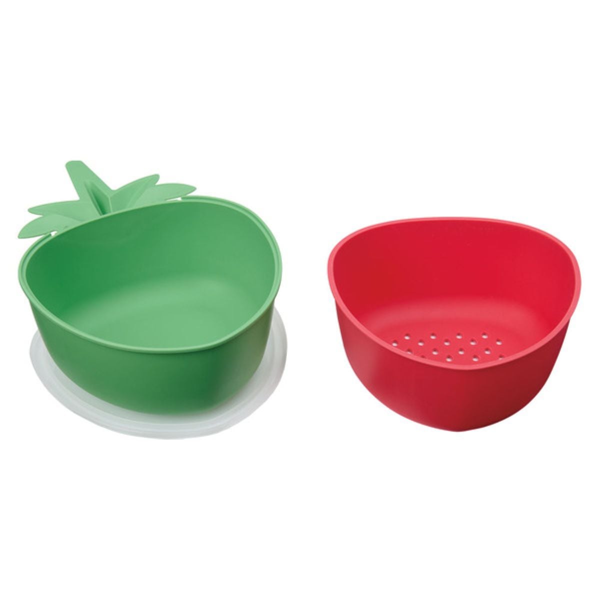 Two plastic containers shaped like strawberries, one green bowl with a leaf-shaped handle and one red colander with holes, placed side by side on a white background.