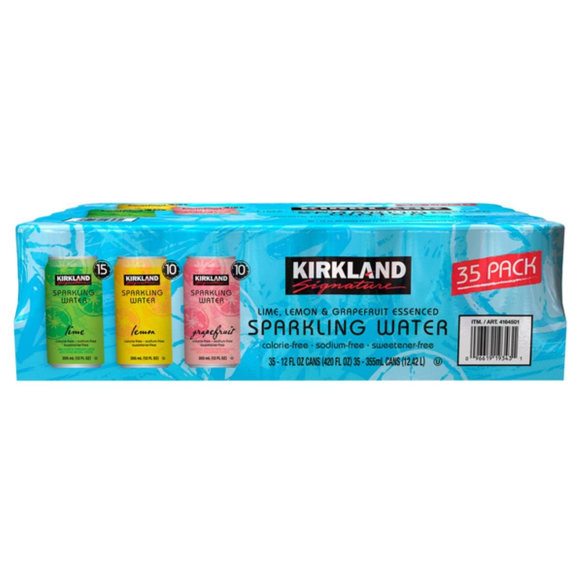 A 35-pack of Kirkland Signature sparkling water in lime, lemon, and grapefruit essence flavors. The packaging is blue with images of the cans and text highlighting calorie-free, sodium-free, and sweetener-free.