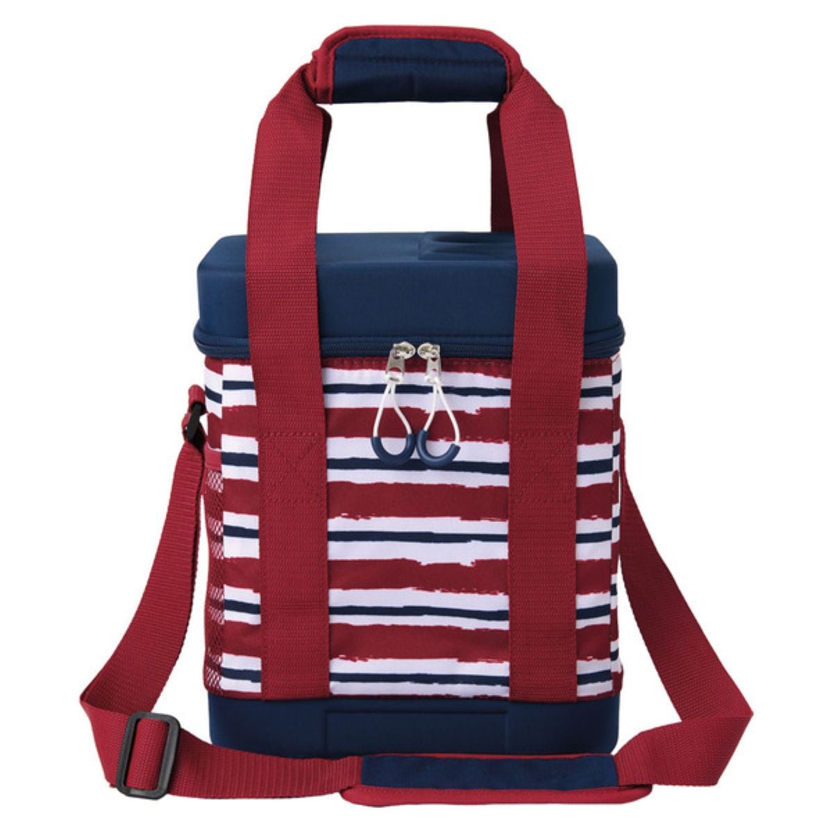 A rectangular cooler bag with a blue top, red handles and strap, and red and white horizontal stripes on the body. The front has a zipper with two pulls and the bag features a shoulder strap and carry handles.