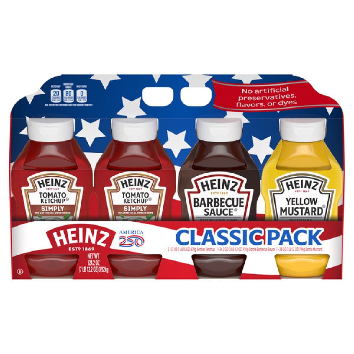 Four Heinz condiment bottles (two Tomato Ketchup Simply, one Barbecue Sauce, one Yellow Mustard) in a "Classic Pack" with a patriotic stars-and-stripes design and the phrase “No artificial preservatives, flavors, or dyes.”