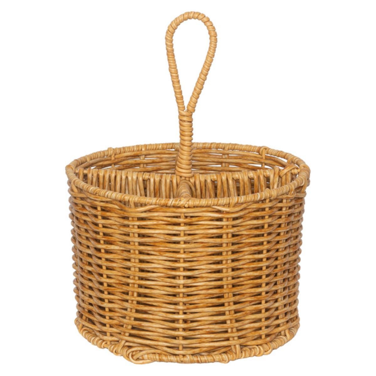 A round, woven wicker basket with a looped handle extending upward from the center. The basket is light brown and the weaving is tight and even.