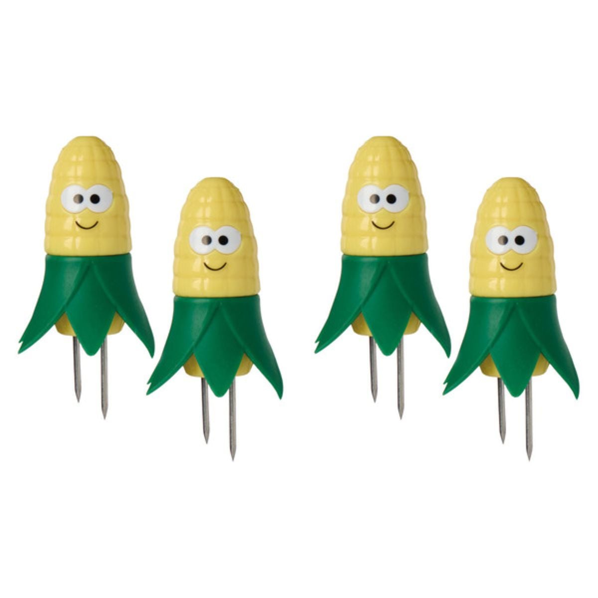 Four corn-on-the-cob holders with smiling corn faces, green husk bases, and metal prongs are arranged upright against a white background.