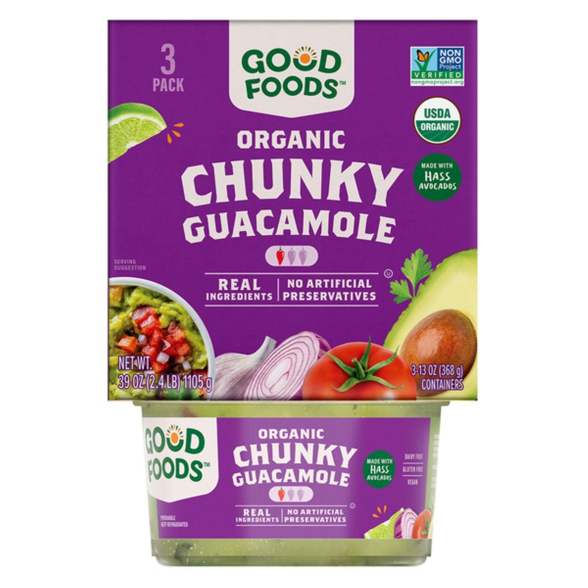 A package of Good Foods Organic Chunky Guacamole, 3-pack, featuring images of lime, onion, tomato, and avocado. The label highlights "No Artificial Preservatives" and "USDA Organic.