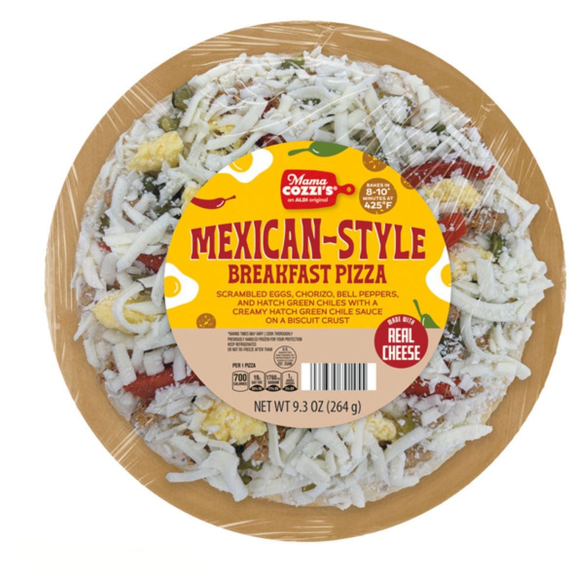 A packaged Mama Cozzi's Mexican-Style Breakfast Pizza topped with cheese, scrambled eggs, chorizo, bell peppers, and green chiles on a biscuit crust. The label highlights real cheese and baking instructions.