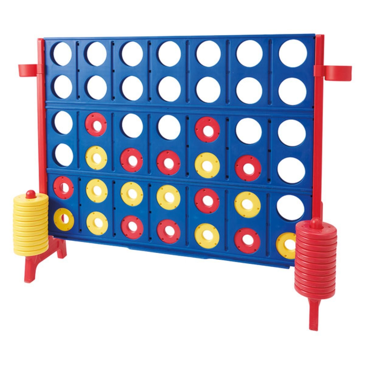 A large blue Connect Four game with red and yellow discs, some placed in the grid and some stacked on posts at the sides. Red and yellow discs are arranged in various combinations on the game board.