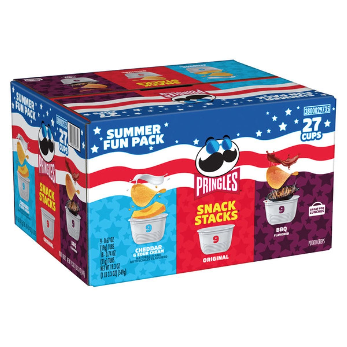 A box of Pringles Snack Stacks Summer Fun Pack with 27 cups, featuring three flavors: Cheddar Cheese, Original, and BBQ. The box is colorful with images of stacked chips and the Pringles logo.