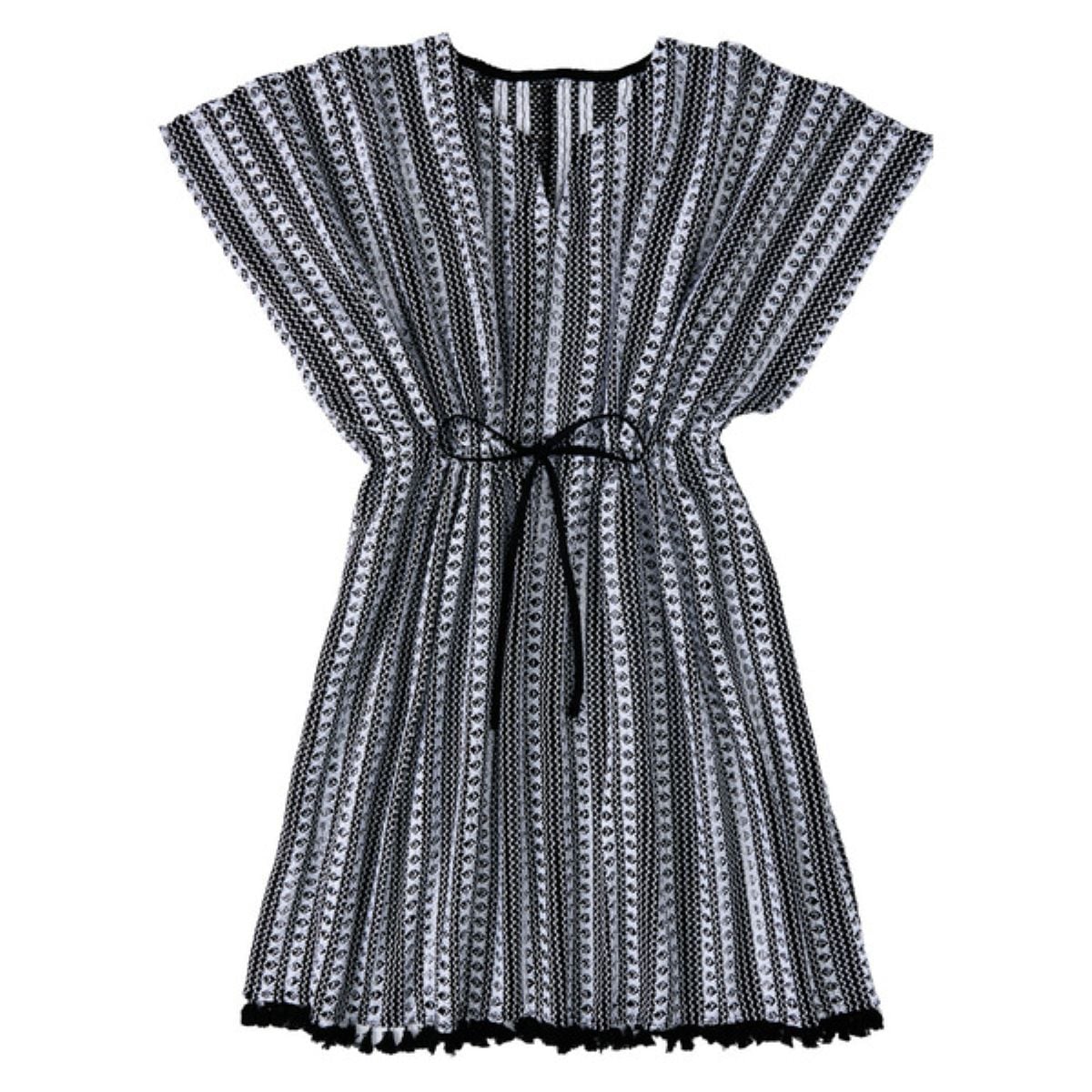 A short-sleeved, knee-length dress with black and white vertical stripes, a cinched waist tie, and a fringed hemline. The dress features a loose, relaxed fit and a subtle geometric pattern.