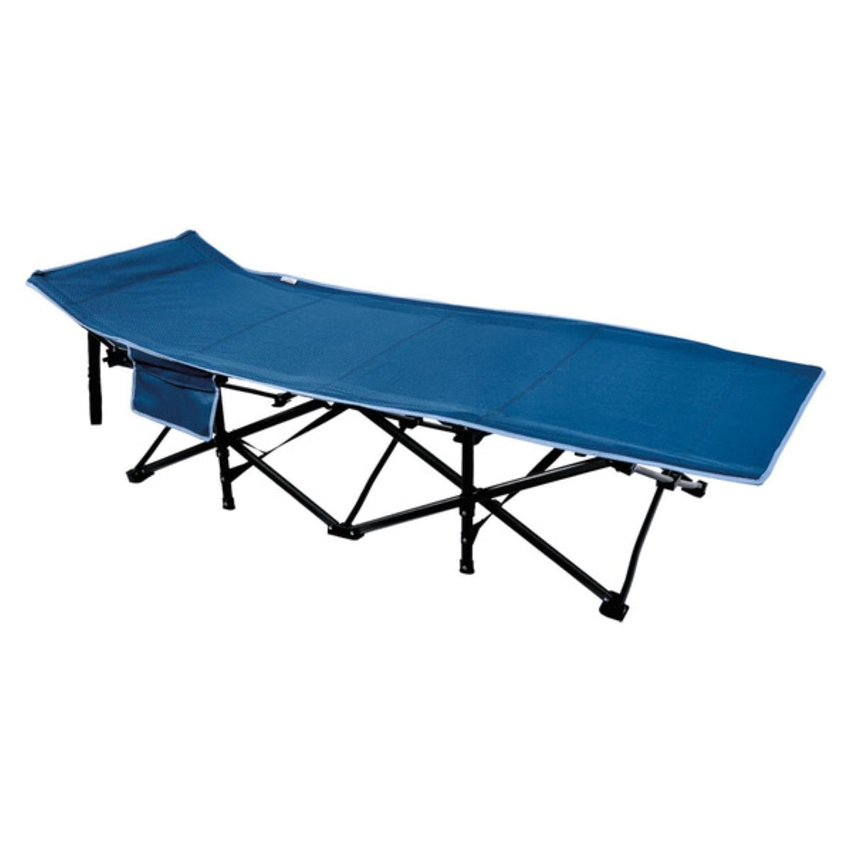 A blue folding camping cot with a fabric surface, black collapsible frame, and a small side pocket, designed for portable outdoor use.