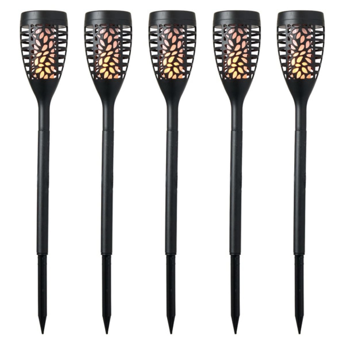 Five black outdoor garden torches with patterned covers, each emitting a warm, flame-like light, are arranged in a row against a white background.