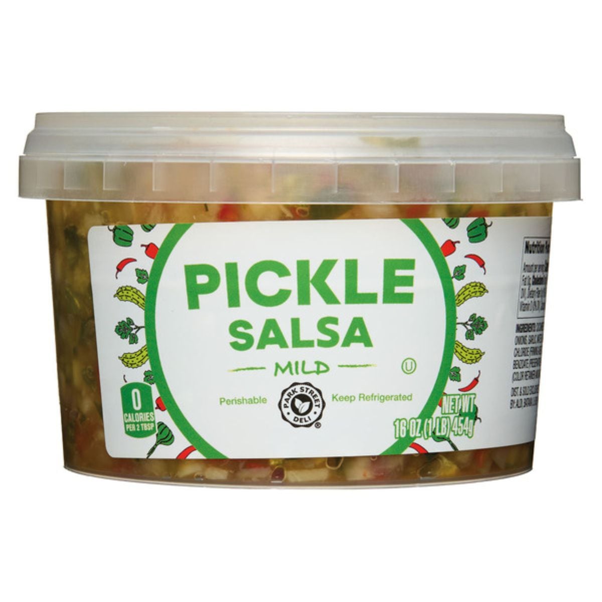 A 16-ounce container of mild pickle salsa with a clear lid. The label is green and white with images of pickles and peppers, and notes that the salsa is perishable, mild, and has zero calories per tablespoon.