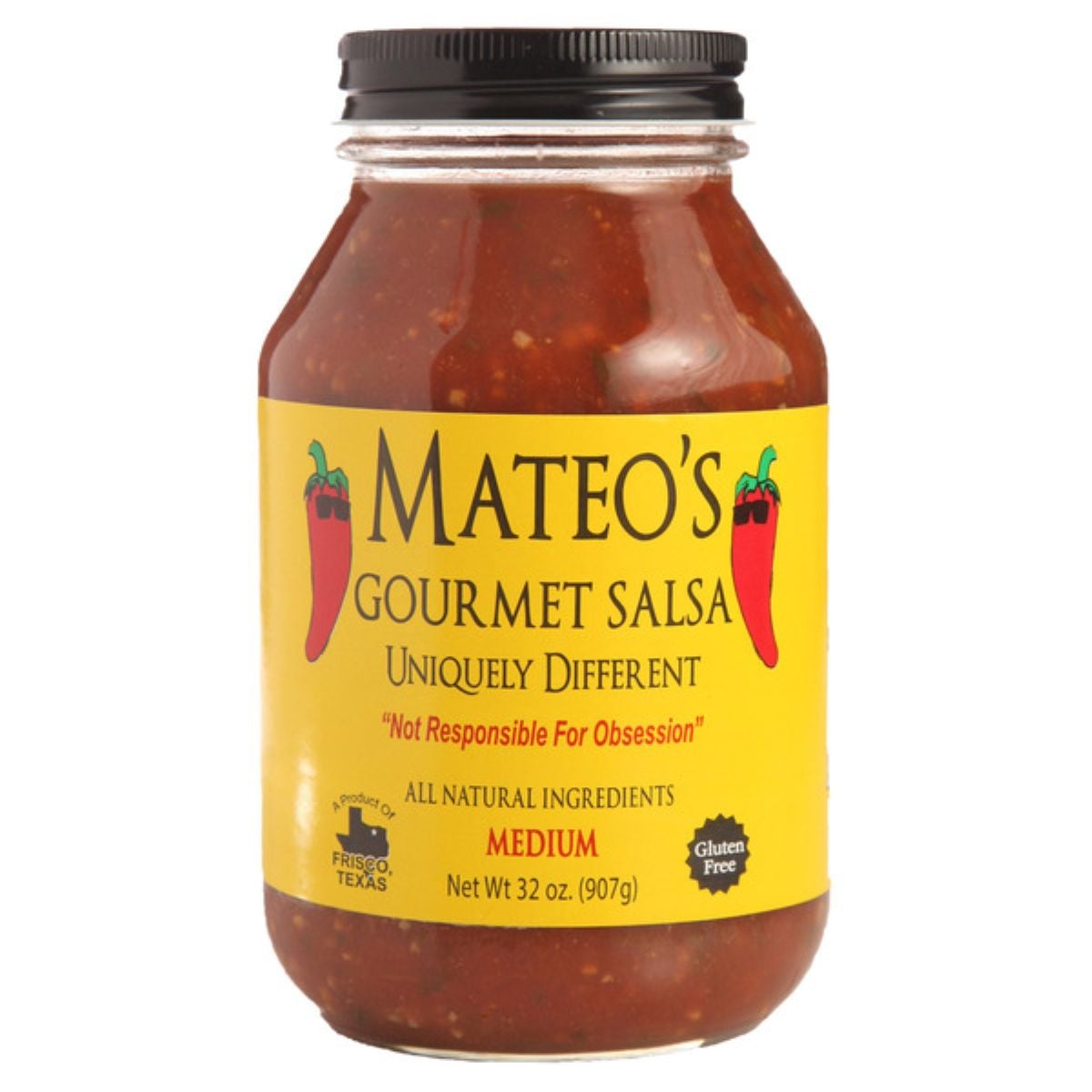 A 32-ounce jar of Mateo's Gourmet Salsa with a yellow label, featuring red chili peppers and text stating "Uniquely Different," "Medium," "All Natural Ingredients," and "Gluten Free.