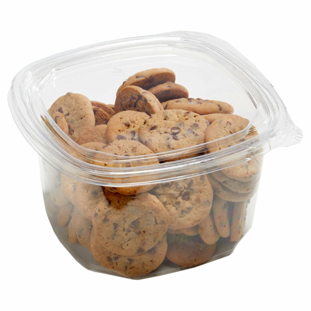 A clear plastic container filled with chocolate chip cookies, with the lid closed, shown against a plain white background.