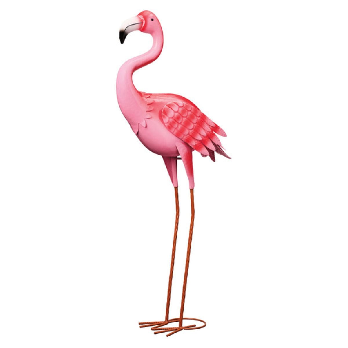 A pink plastic flamingo lawn ornament with a curved neck, detailed wings, and long thin orange legs with metal supports, standing upright on a white background.