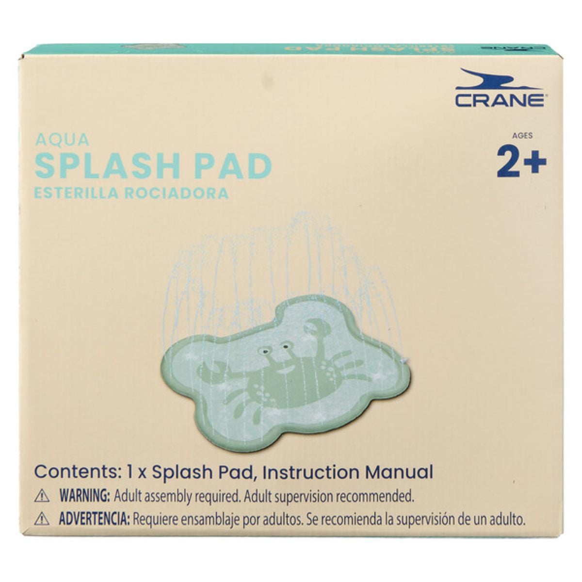 A beige box featuring a blue bear-shaped splash pad with water jets. Text reads "Aqua Splash Pad," "Ages 2+," and includes warnings and contents in English and Spanish. Crane logo is in the top right corner.