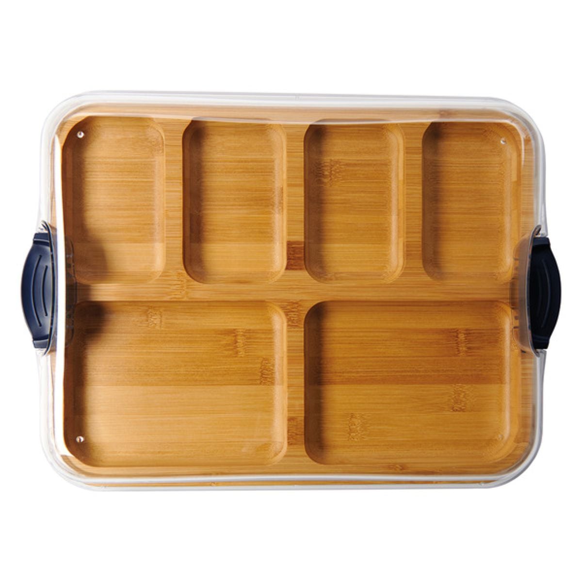 A rectangular bamboo lunch tray with six compartments and black handles on each side, photographed from above.
