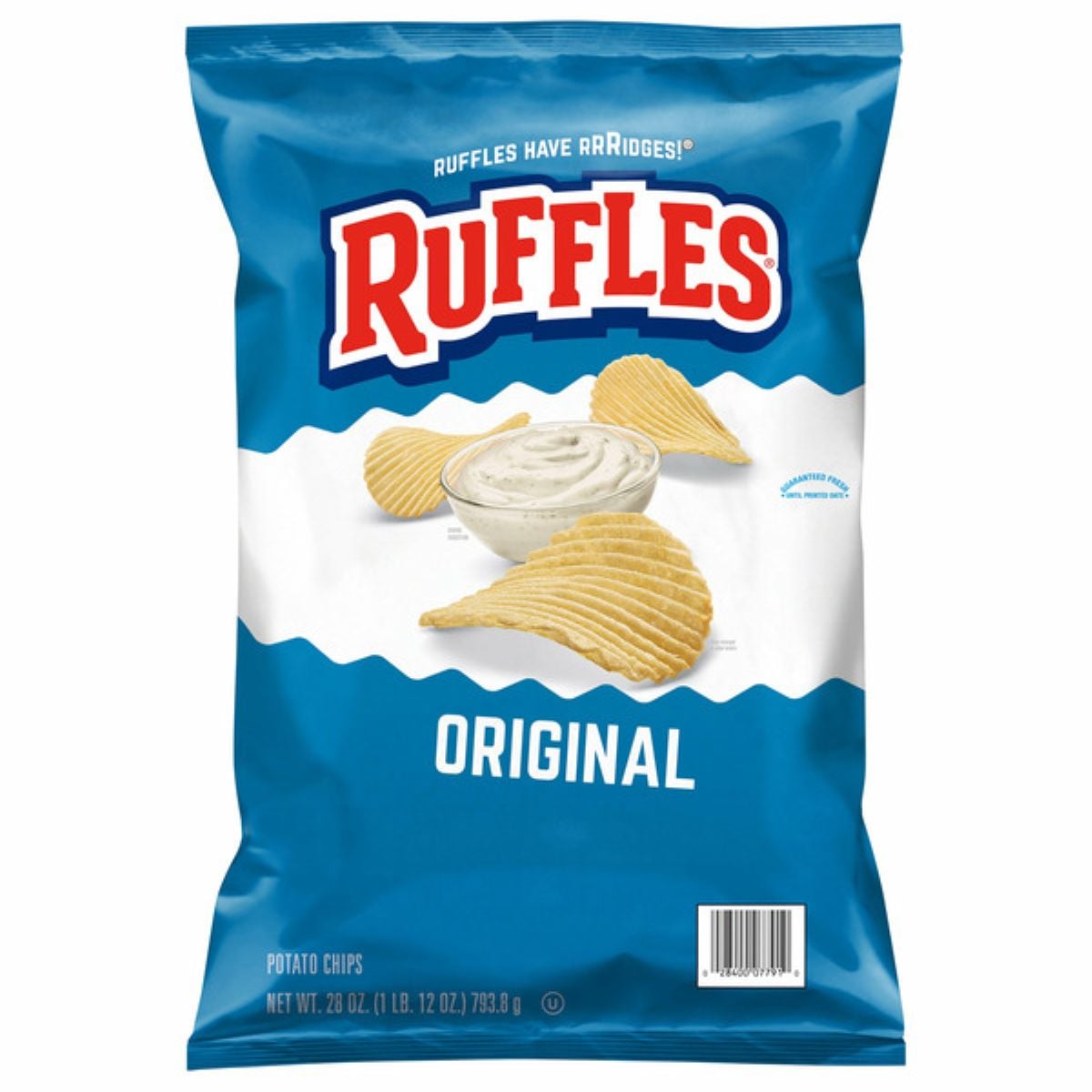 A bag of Ruffles Original potato chips with a blue and white design, featuring the Ruffles logo, ridged chips, and a bowl of dip on the front. The words "Original" and "Potato Chips" are displayed.