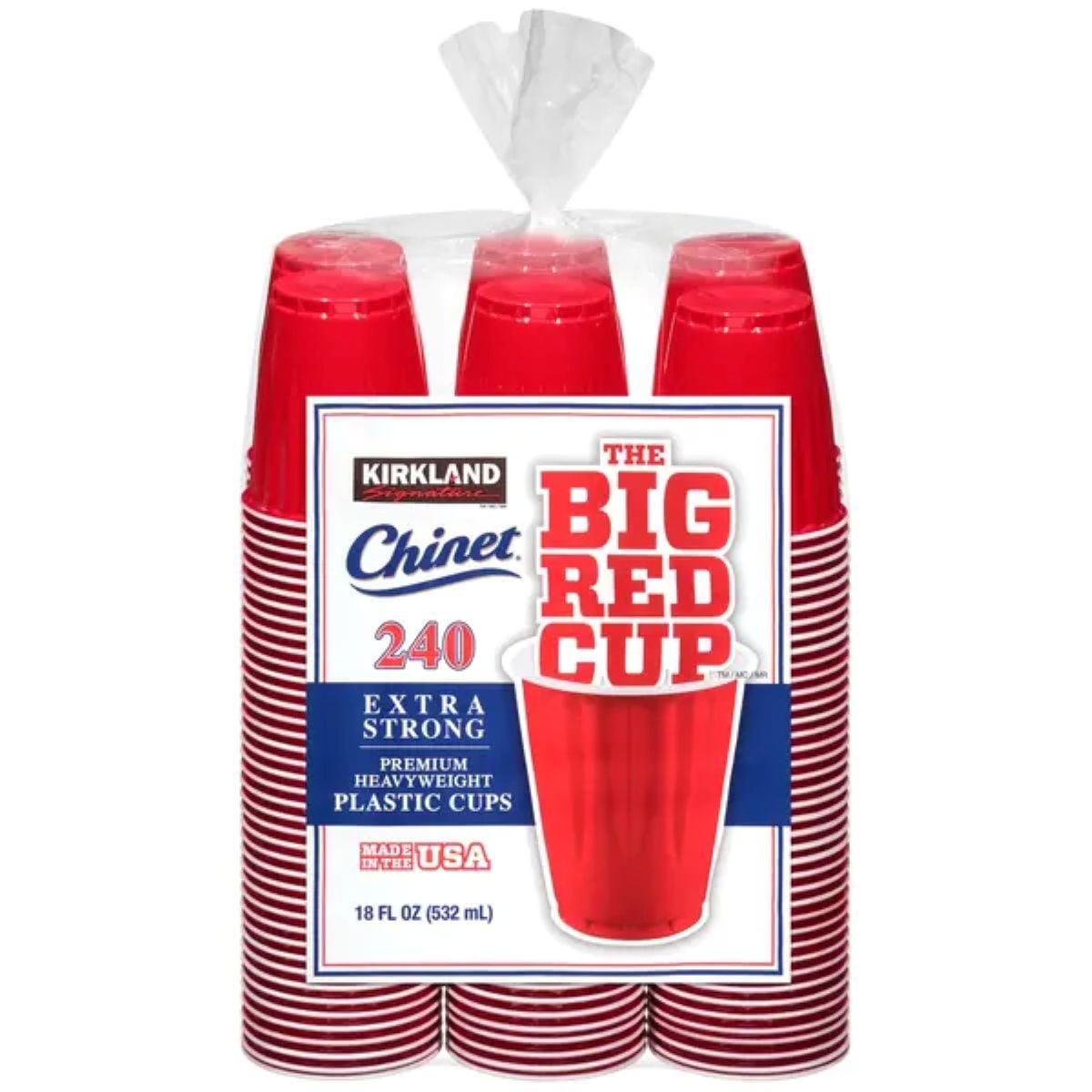 A 240-pack of Kirkland Chinet extra strong red plastic cups, labeled "The Big Red Cup," each with an 18 fl oz (532 mL) capacity. The cups are stacked and wrapped in clear plastic packaging.