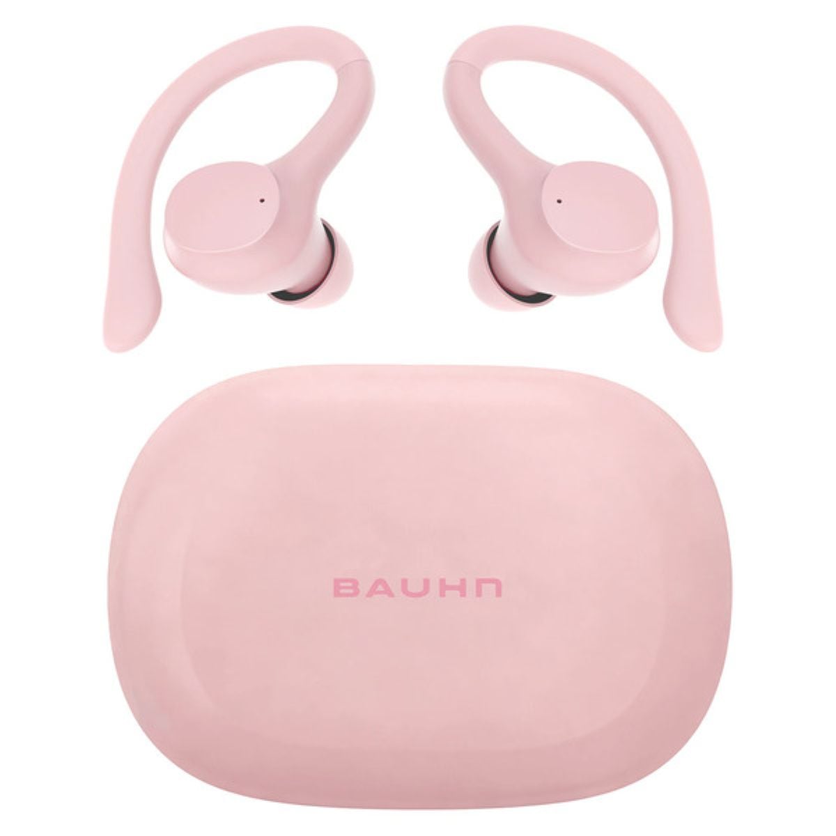 A pair of pink wireless earbuds with ear hooks are displayed above a matching pink charging case labeled "BAUHN" on the lid.