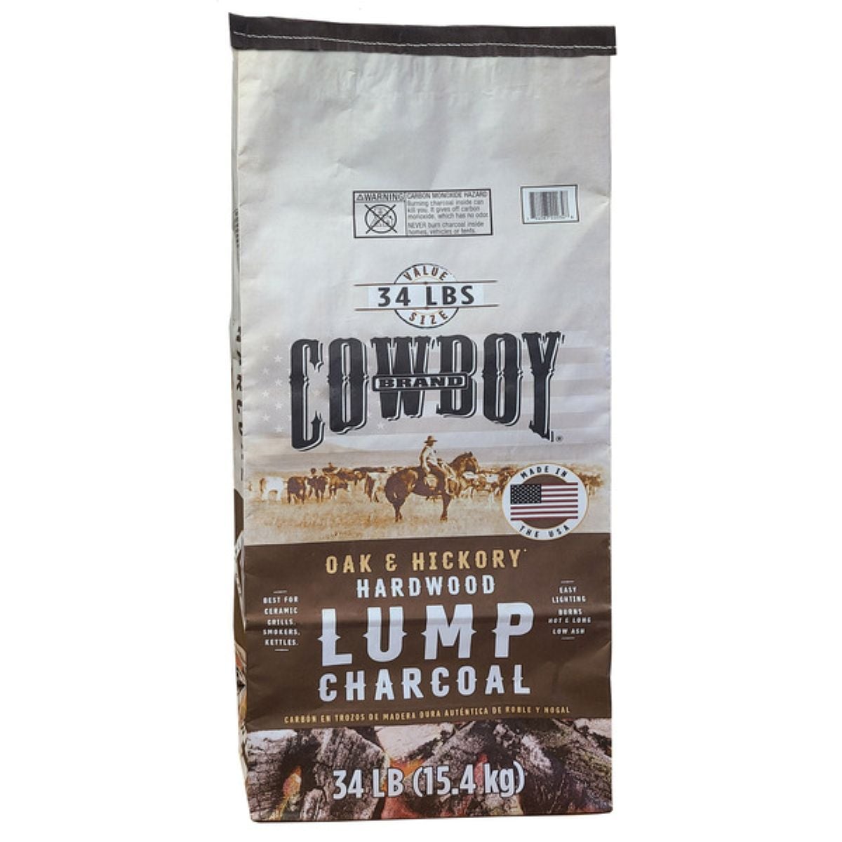 A 34-pound bag of Cowboy brand oak & hickory hardwood lump charcoal, featuring an illustration of cowboys on horseback and a U.S. flag emblem.