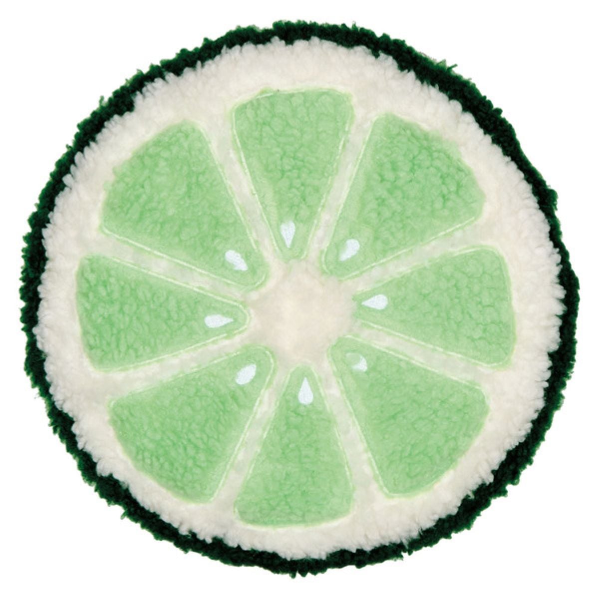 A round plush object resembling a sliced lime, with green segments, white outlines, and a dark green outer edge, mimicking the appearance of citrus fruit.
