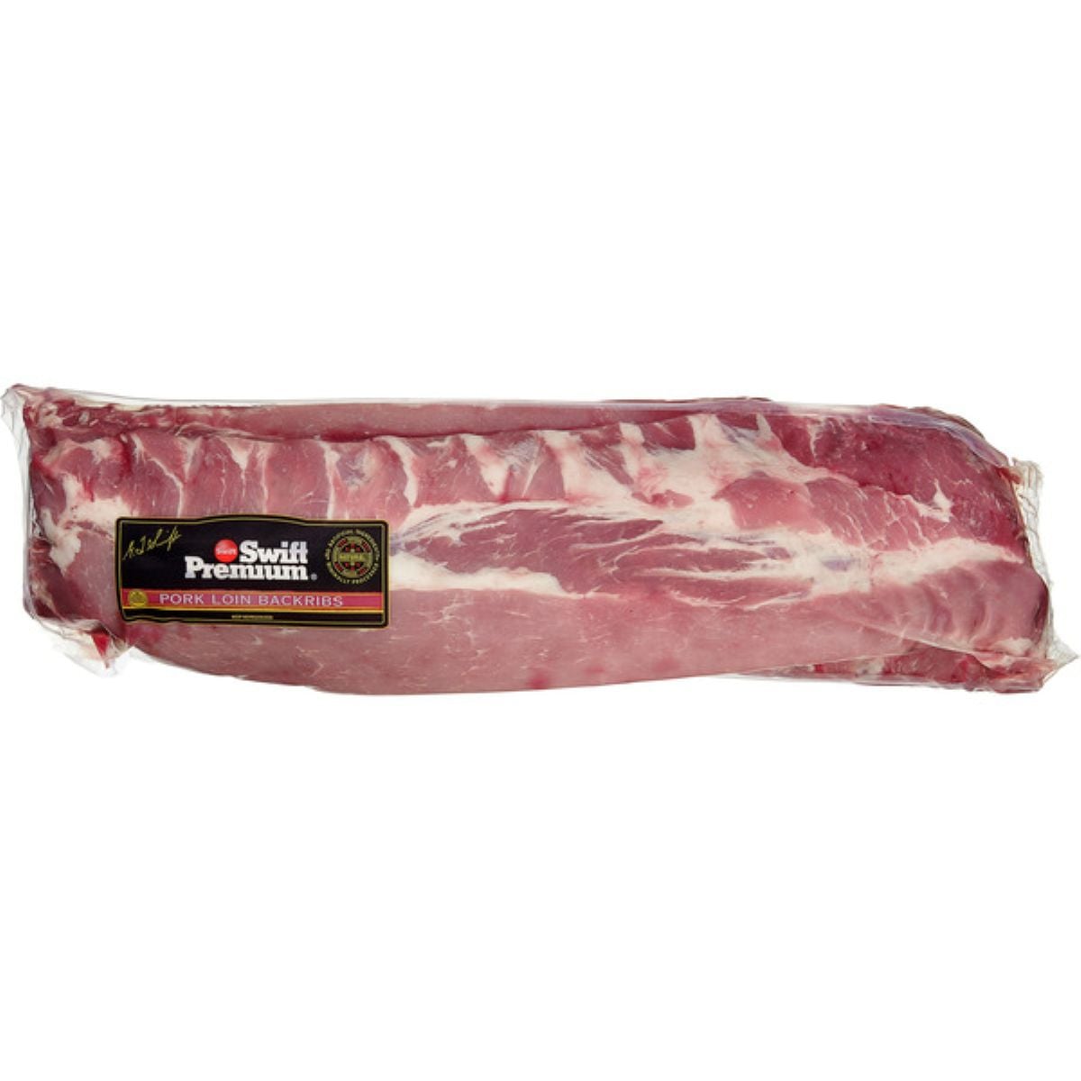 A vacuum-sealed package of Swift Premium pork loin backribs, showing a large slab of raw pork ribs with visible marbling and a product label on the left side.