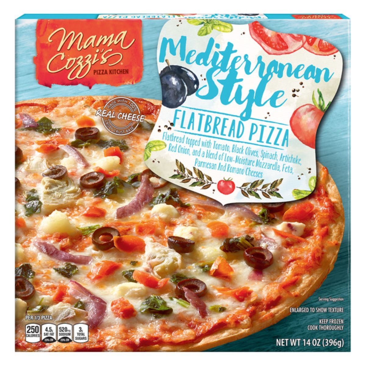 A box of Mama Cozzi’s Mediterranean Style Flatbread Pizza, featuring an image of the pizza topped with tomatoes, black olives, spinach, artichoke, red onion, mozzarella, feta, parmesan, and Romano cheese. Net weight 14 oz (396g).
