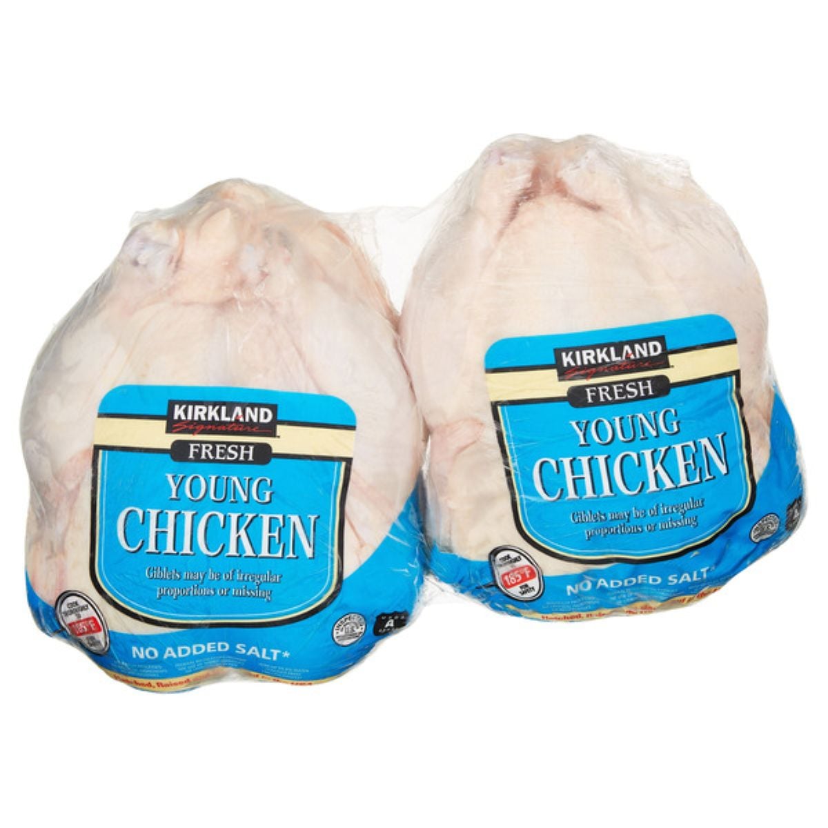 Two whole raw chickens in clear packaging with blue Kirkland labels reading "Fresh Young Chicken" and "No Added Salt." The chickens are placed side by side.