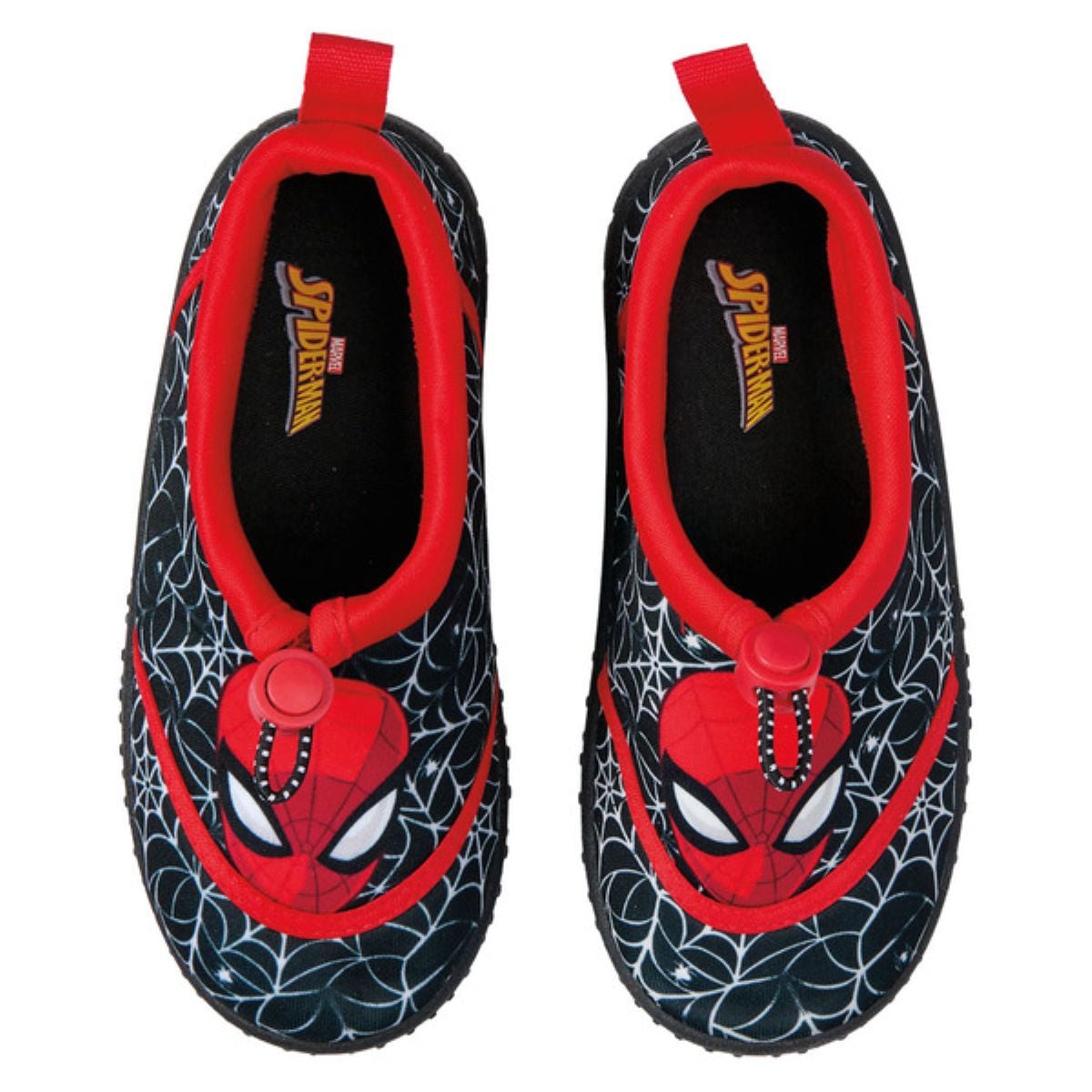 A pair of black children’s shoes with red trim, featuring a Spider-Man face and white web patterns on the front, and a small red pull tab at the heel.