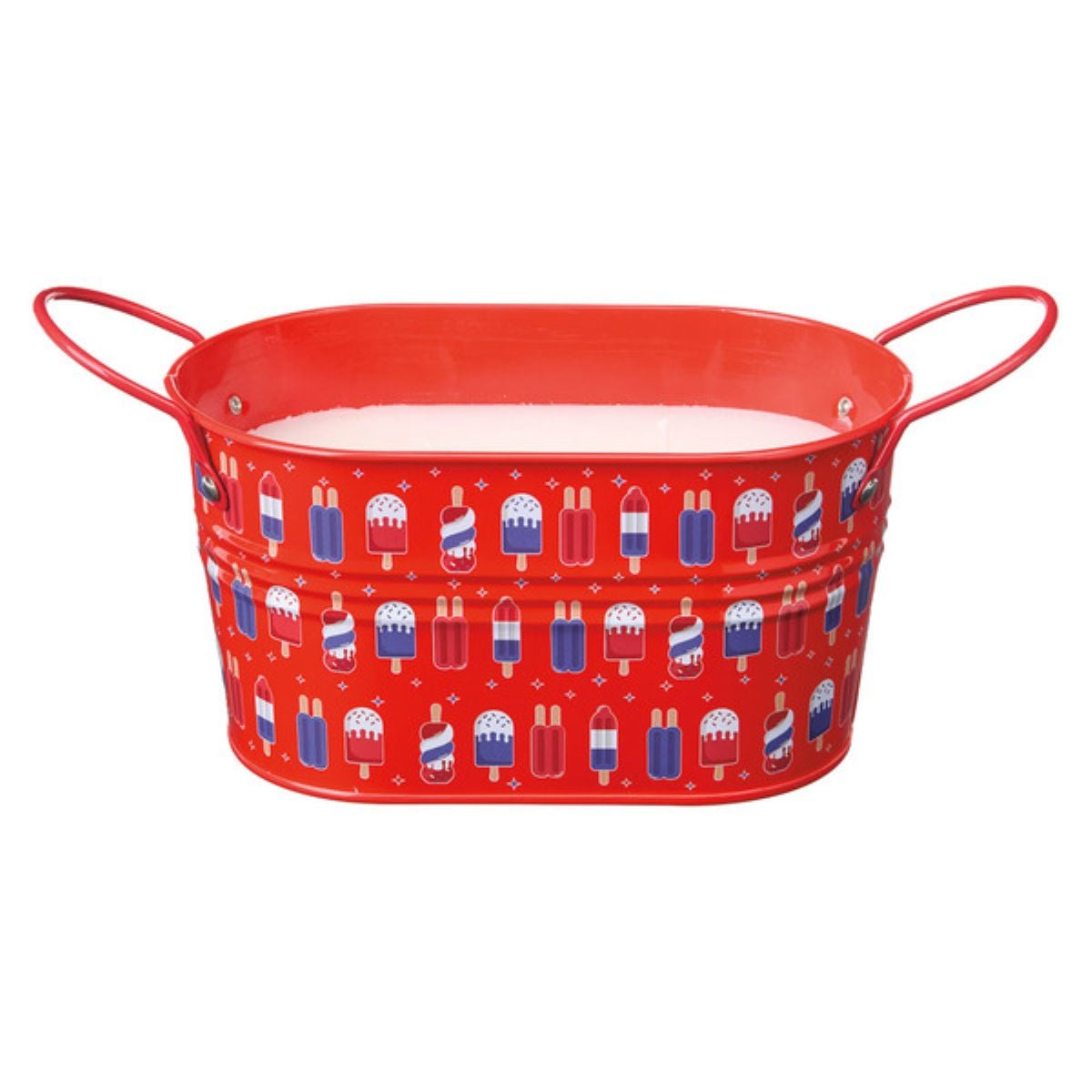 A red oval metal tub with handles, decorated with illustrations of red, white, and blue popsicles and stars, suitable for patriotic or summer-themed events.