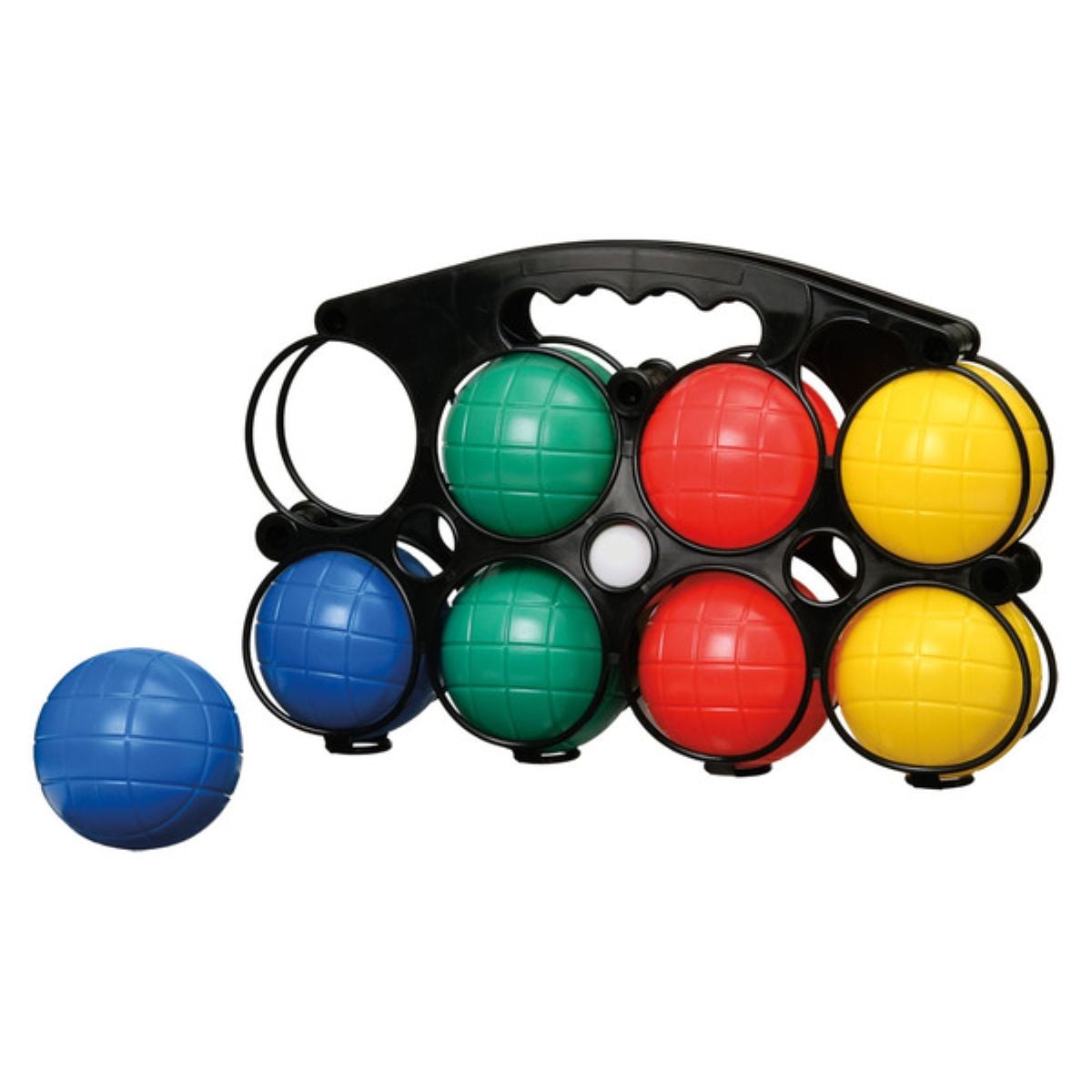 A plastic carrying case holds eight bocce balls: two each in green, red, yellow, and blue. One blue ball is placed outside the case in the foreground.