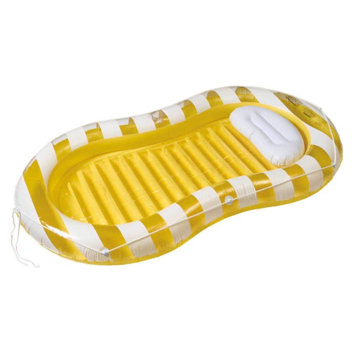 An inflatable yellow and white striped pool float with a built-in pillow, shaped like a rounded rectangle, shown against a white background.