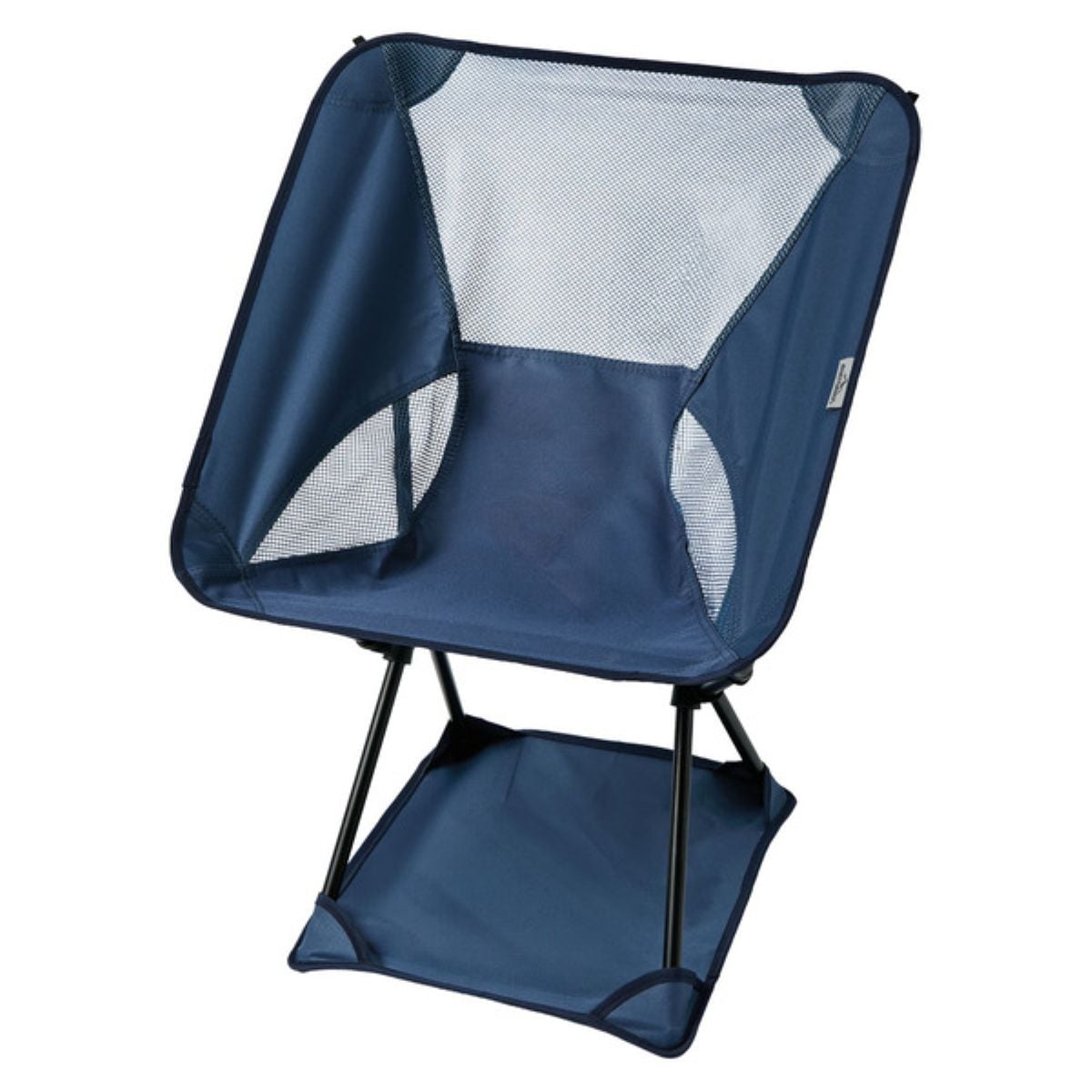 A portable, foldable camping chair with a blue fabric seat, black metal frame, and mesh panels on the backrest and sides for ventilation.